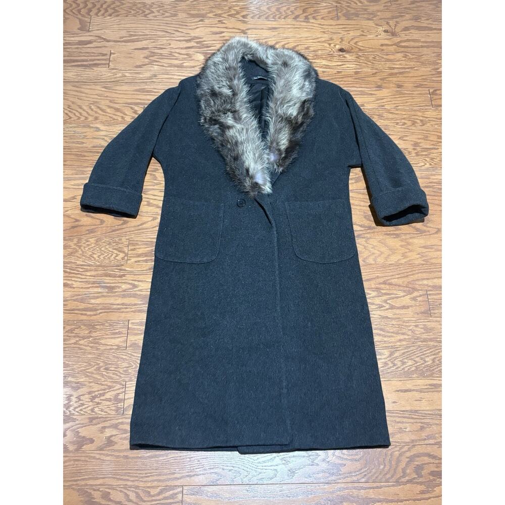 Vintage Paul Levy Women's Gray Wool Long Trench Coat w/ Faux Fur Collar, Size L